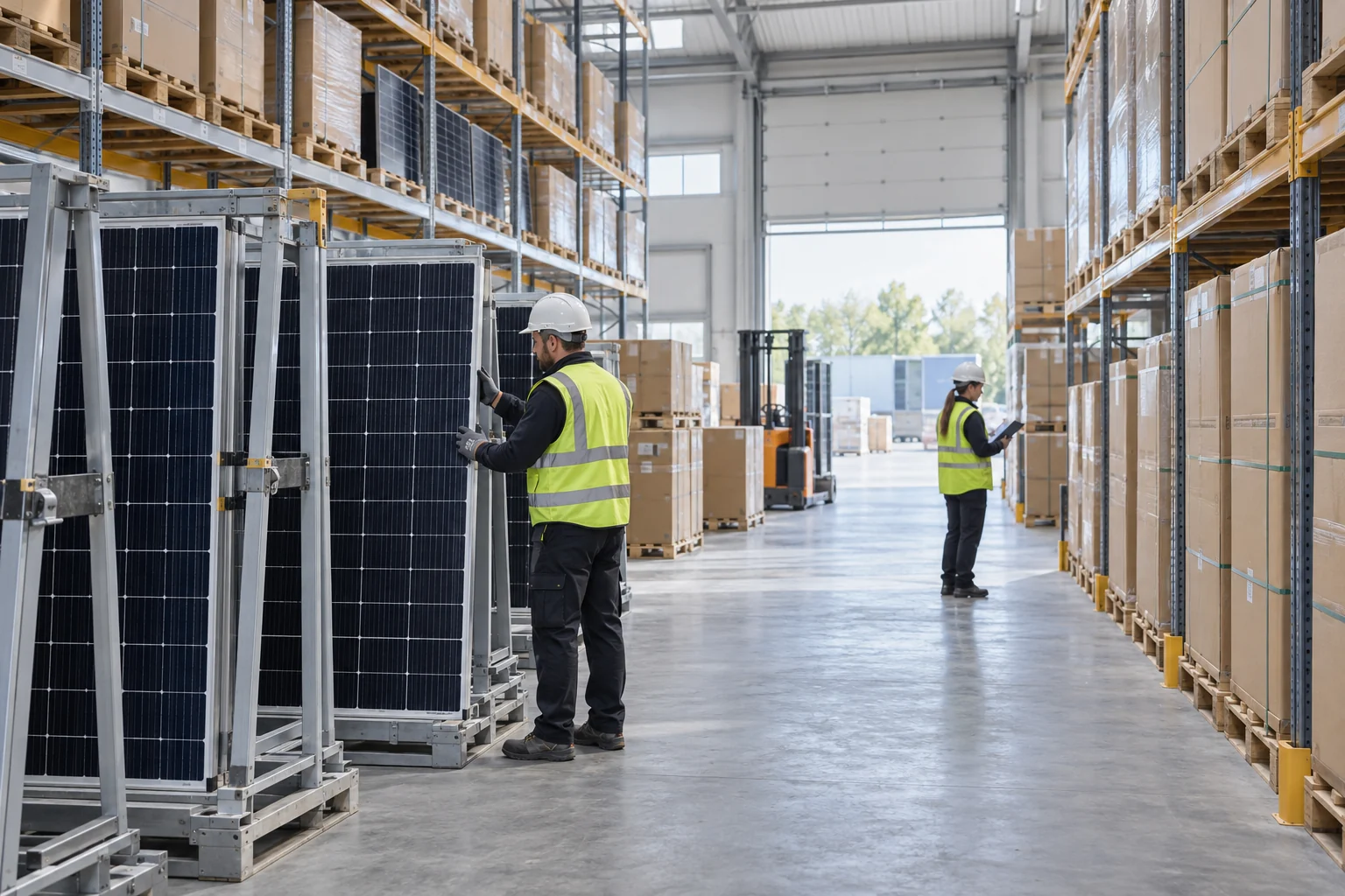 Solarmodul-Restposten und Lagerbestände in einer geordneten Halle