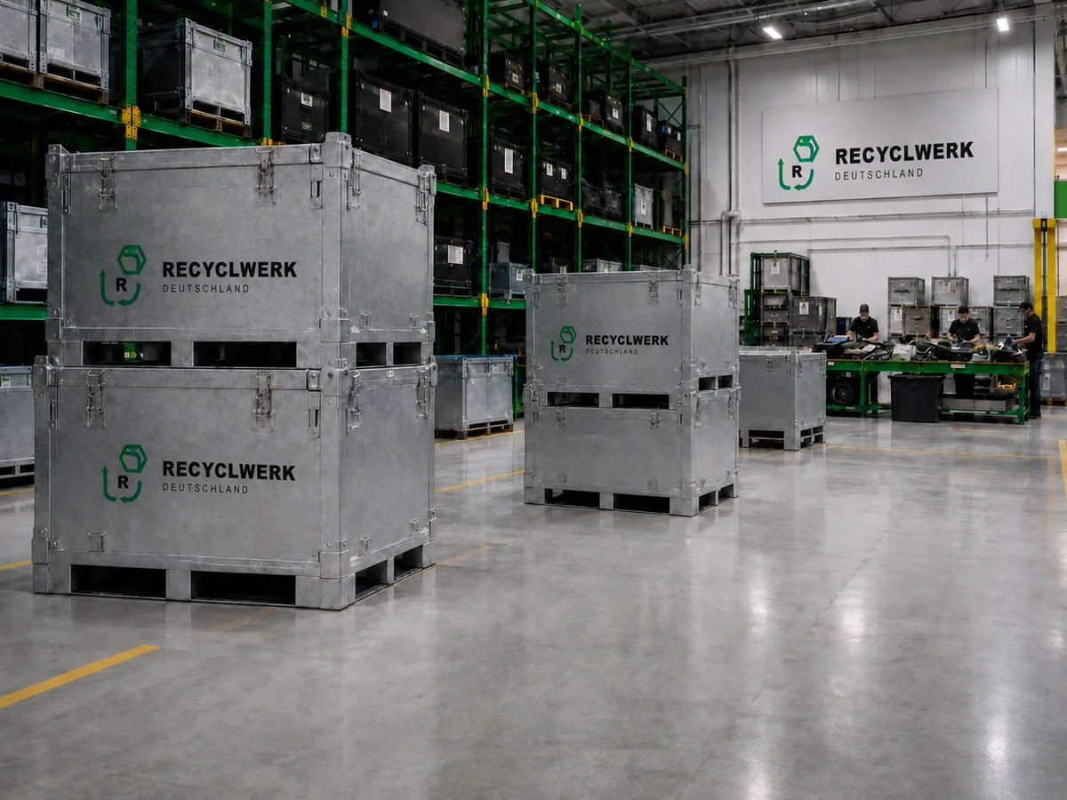 Geordnete Behälter und Batteriebestände in einem gewerblichen Lager