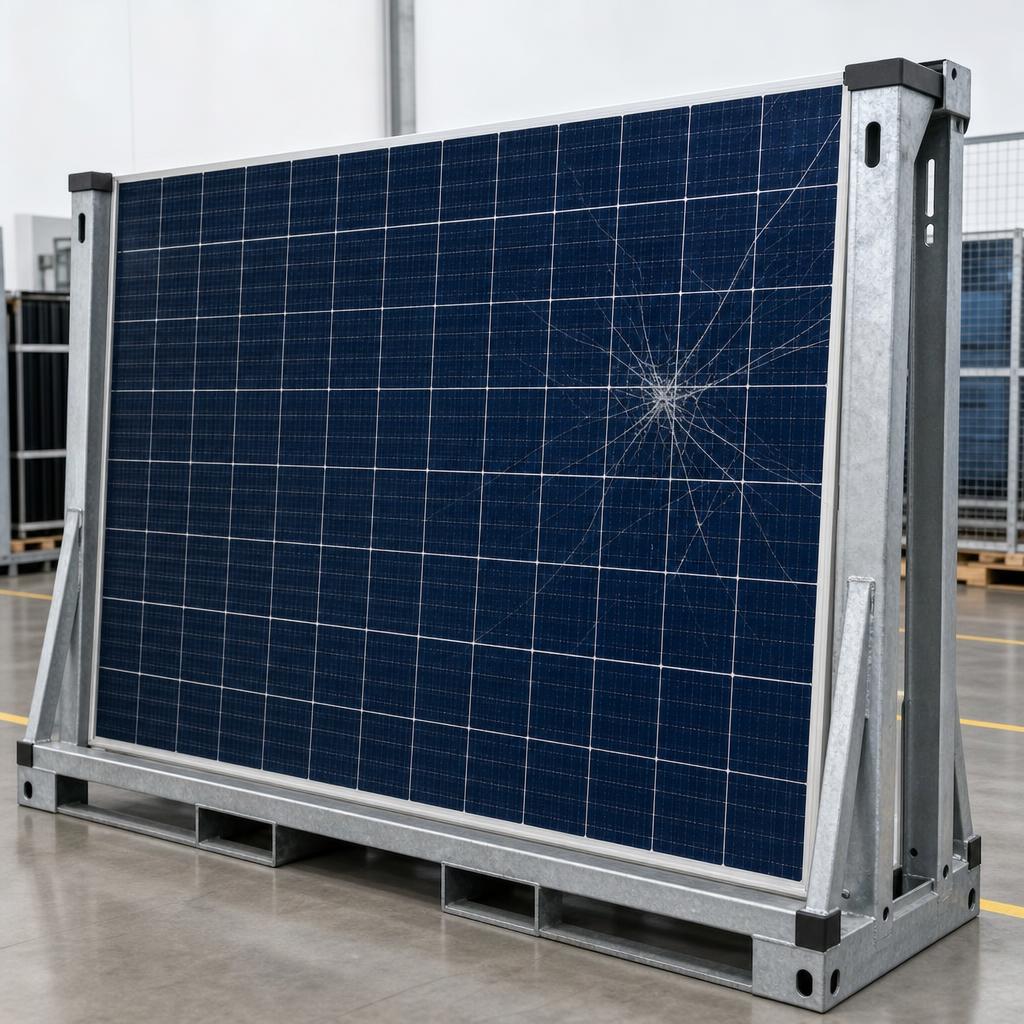 Solarmodul mit deutlich sichtbarem Glasbruch, sicher aufrecht in einem Schutzgestell