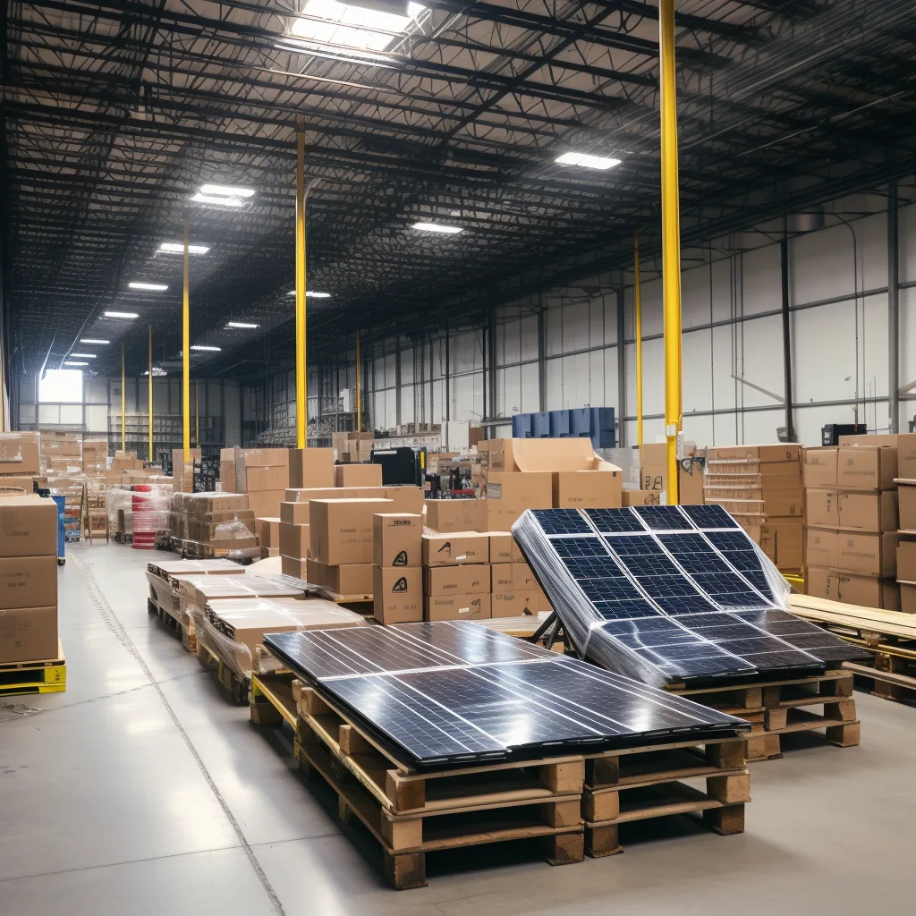 Symbolabbildung einer Lagerhalle mit Solarmodulen und verpackten Warenbeständen