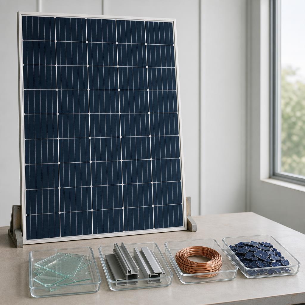 Vollständiges Solarmodul neben getrennten Symbolproben aus Glas, Aluminium, Kupfer und Silizium