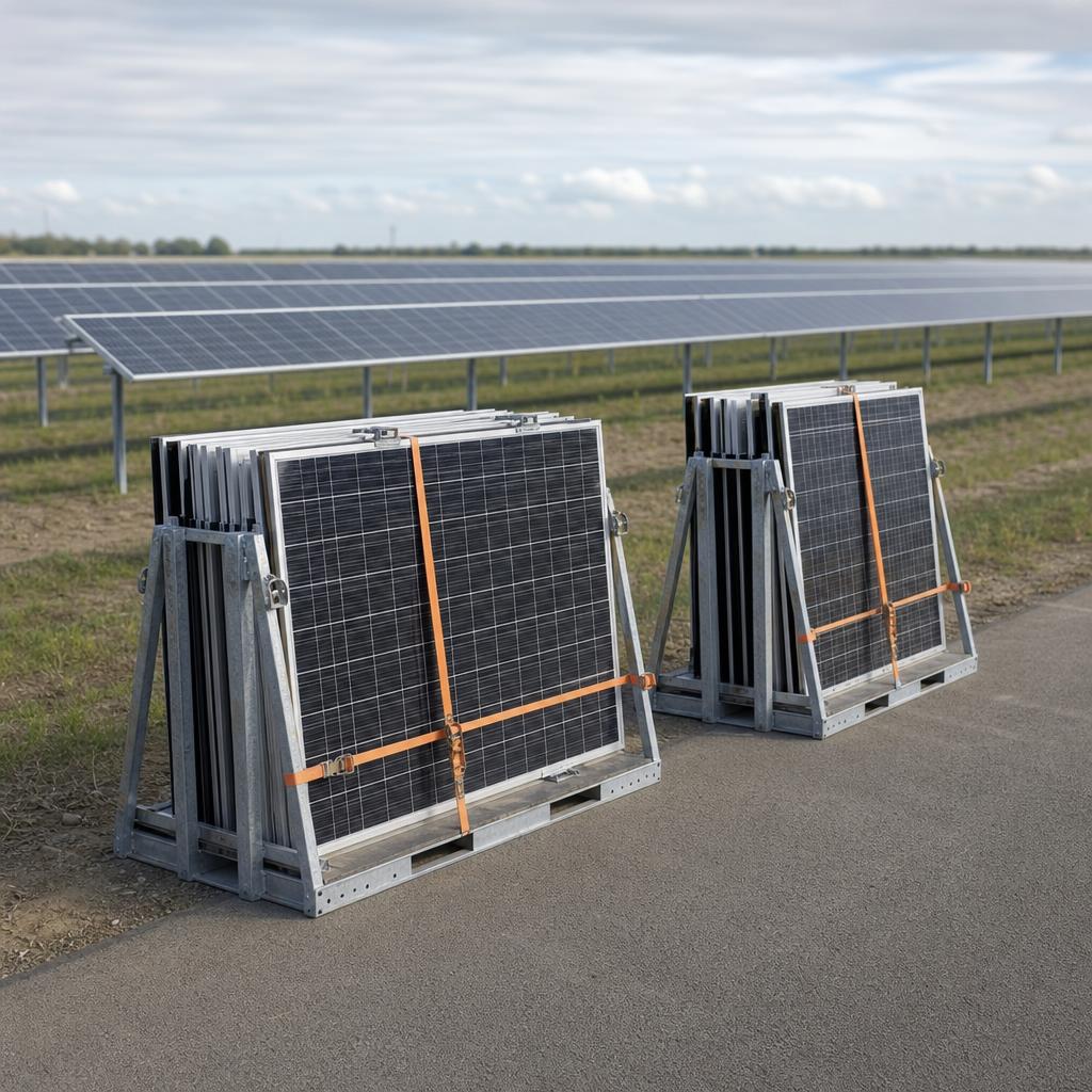 Freiflächen-Solaranlage mit zwei sicher verzurrten Modulgestellen auf einem befestigten Randweg